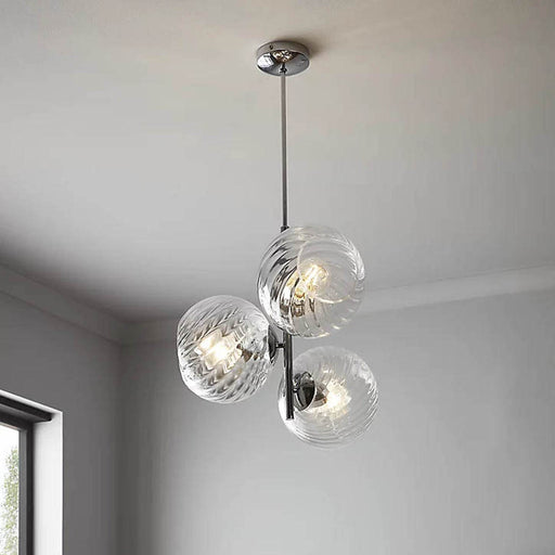 Pendant Ceiling Light 3 Way Chrome Adjustable Height Twisted Globe Glass Shades - Image 1
