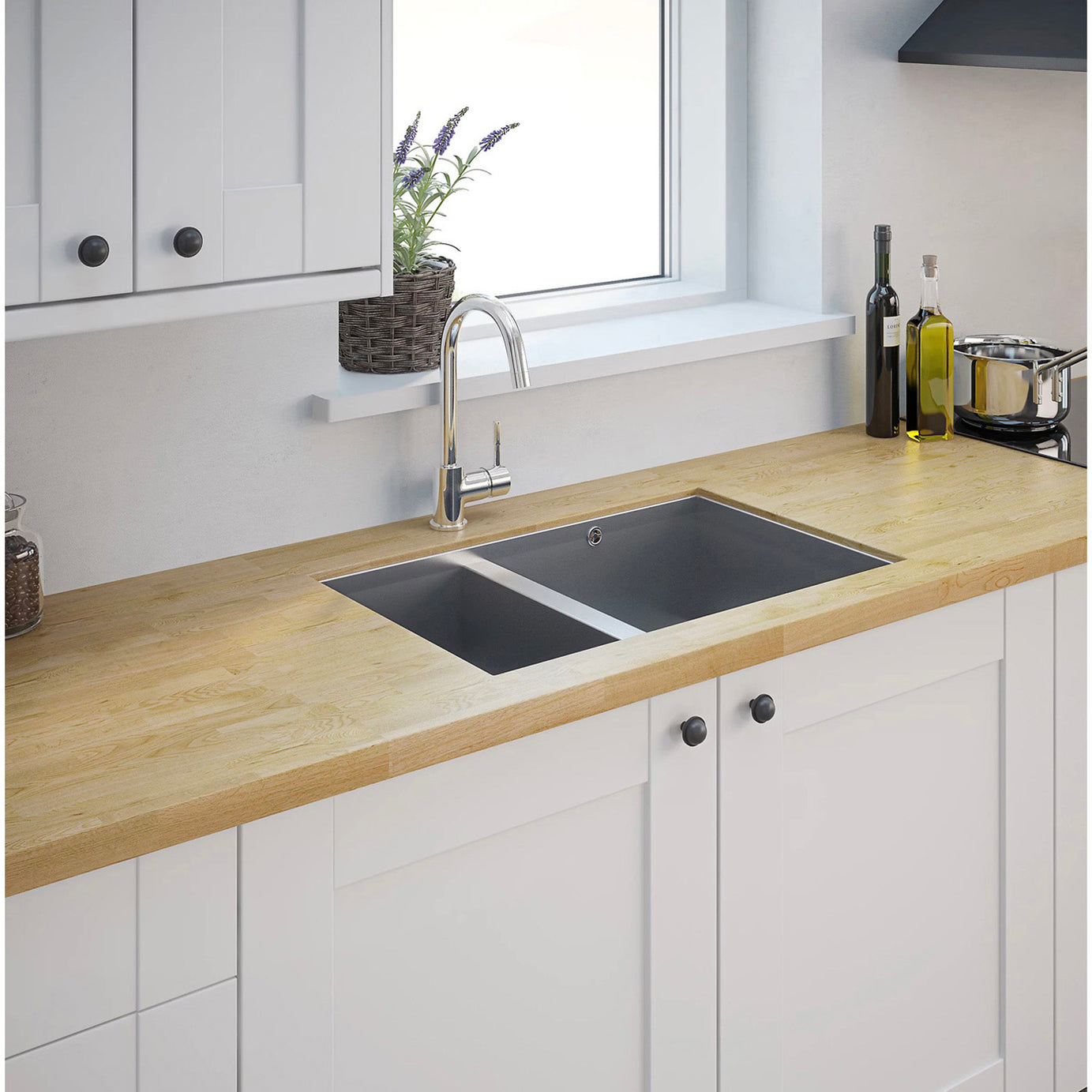 Kitchen Sink 1.5 Bowl Stainless Steel Rectangular Basin Modern (W)45x(L)69.2cm - Image 2