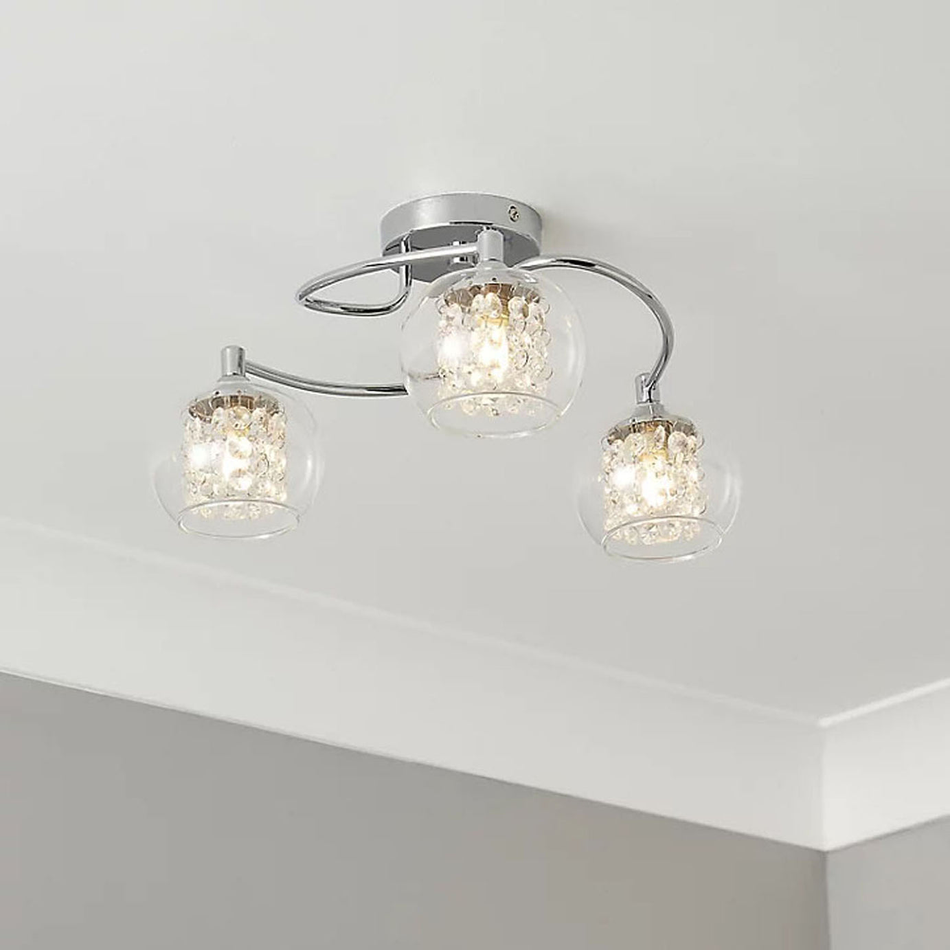 Ceiling Light 3 Way Clear Beaded Glass Globe Shades Chrome Bedroom Living Room - Image 3