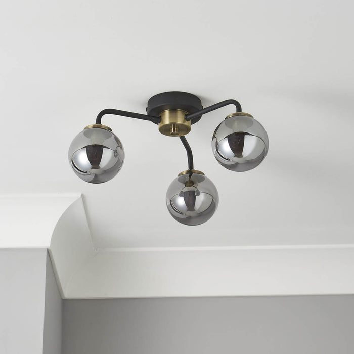 Ceiling Light LED 3 Lamp Industrial Smoked Glass Steel Black Antique Brass - Image 2