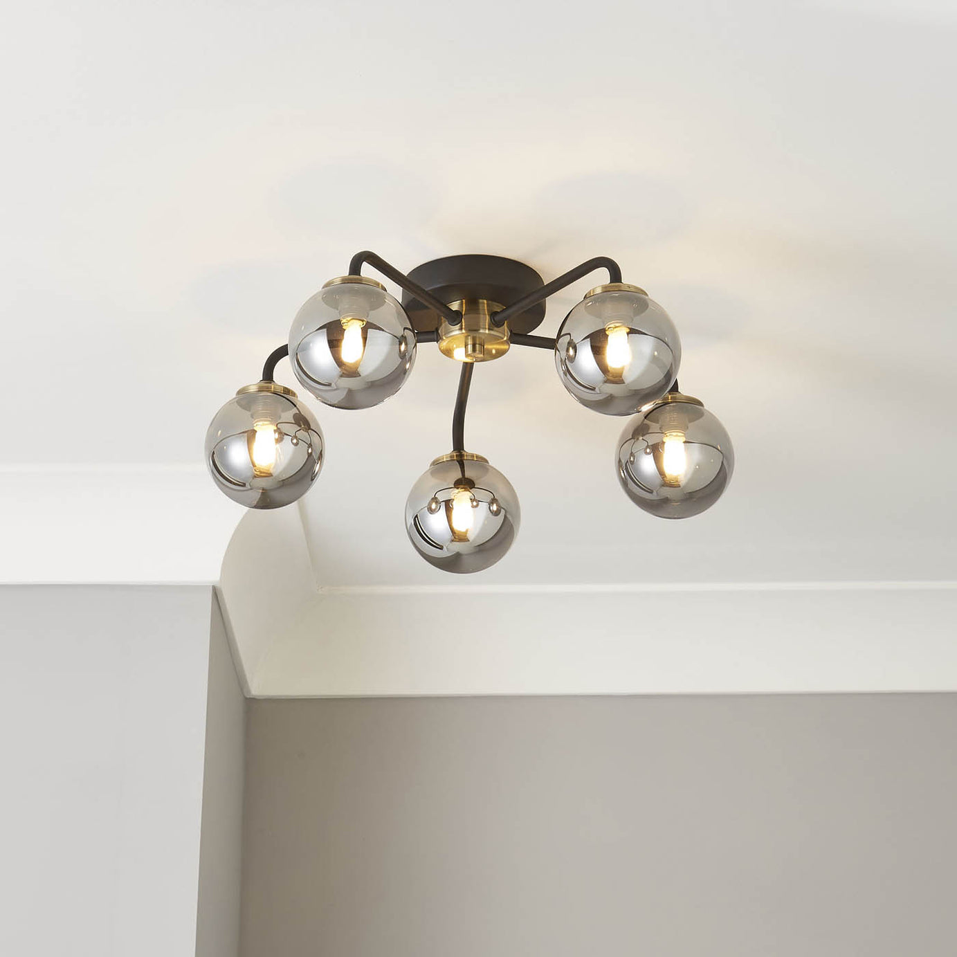 LED Ceiling Light 5 Way Industrial Black Smoked Globe Glass Shades Modern - Image 1