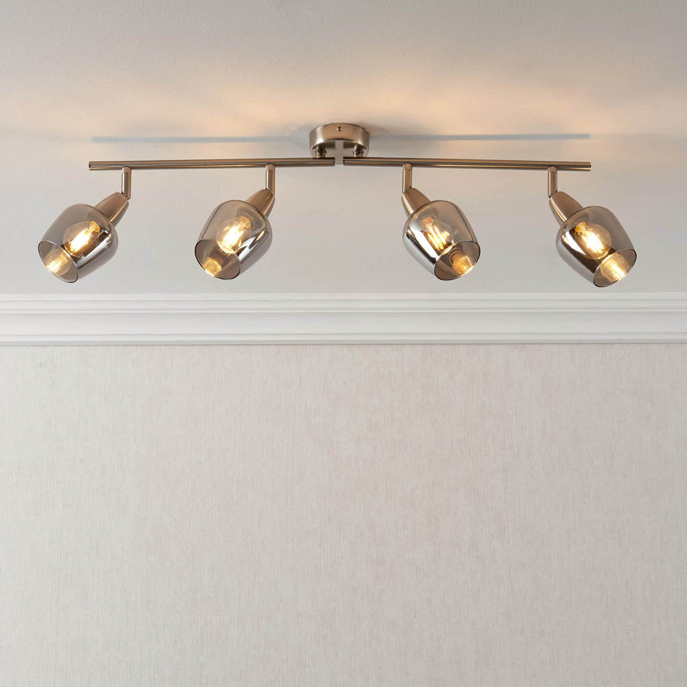 Ceiling Spot Light Bar 4 Way Modern Satin Nickel Effect Smoked Glass Kitchen - Image 1