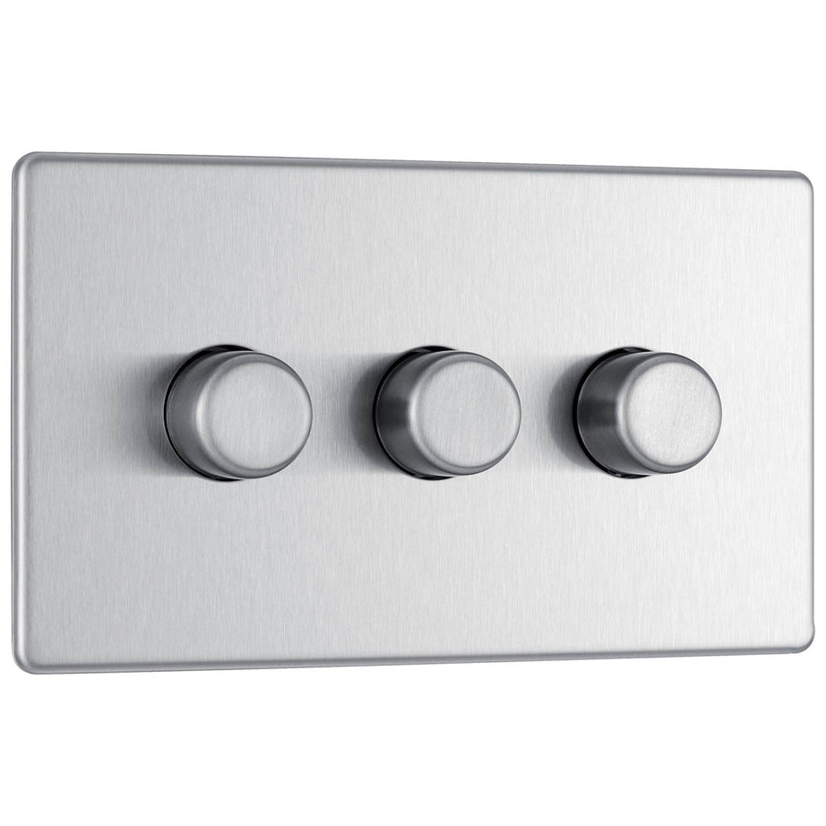 Dimmer Switch 3 Gang 2 Way Brushed Steel 400W Screwless LED Halogen Incandescent - Image 3
