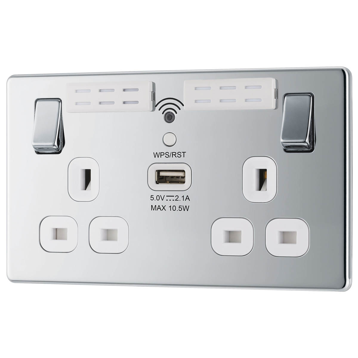 Switched Socket 13A 2 Gang Screwless Metal Chrome WiFi Extender USB Type A - Image 1