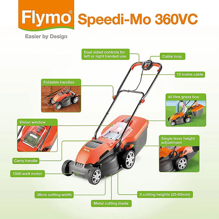 Flymo Lawnmower 360C Corded Rotary 40L Powerful Dual Lever Handles 1500W - Image 6