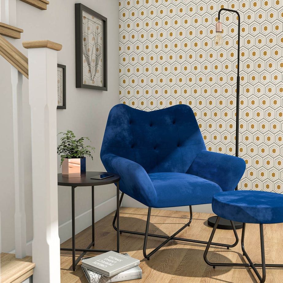 Turio Padded Stool Deep blue Velvet effect - Image 2