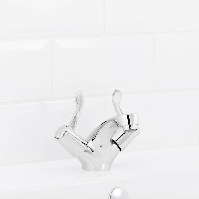 Basin Mono Mixer Sink Tap Dual Double Lever Modern Chrome Finish Bathroom - Image 2
