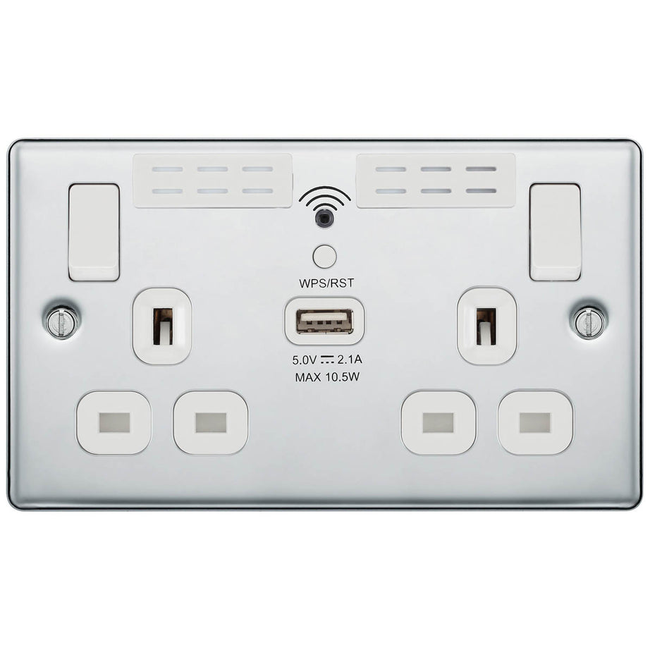 Switched Socket Double 13A WiFi Extender Type A USB Metal Chrome Raised Rounded - Image 2