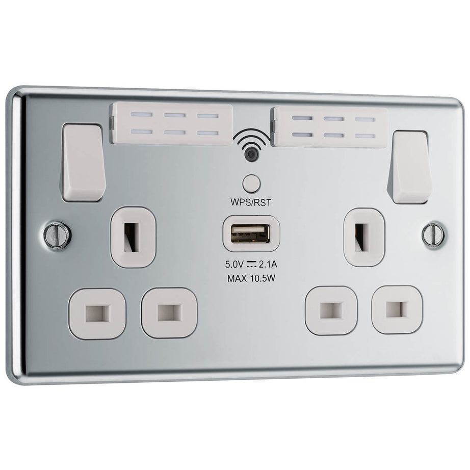 Switched Socket Double 13A WiFi Extender Type A USB Metal Chrome Raised Rounded - Image 3