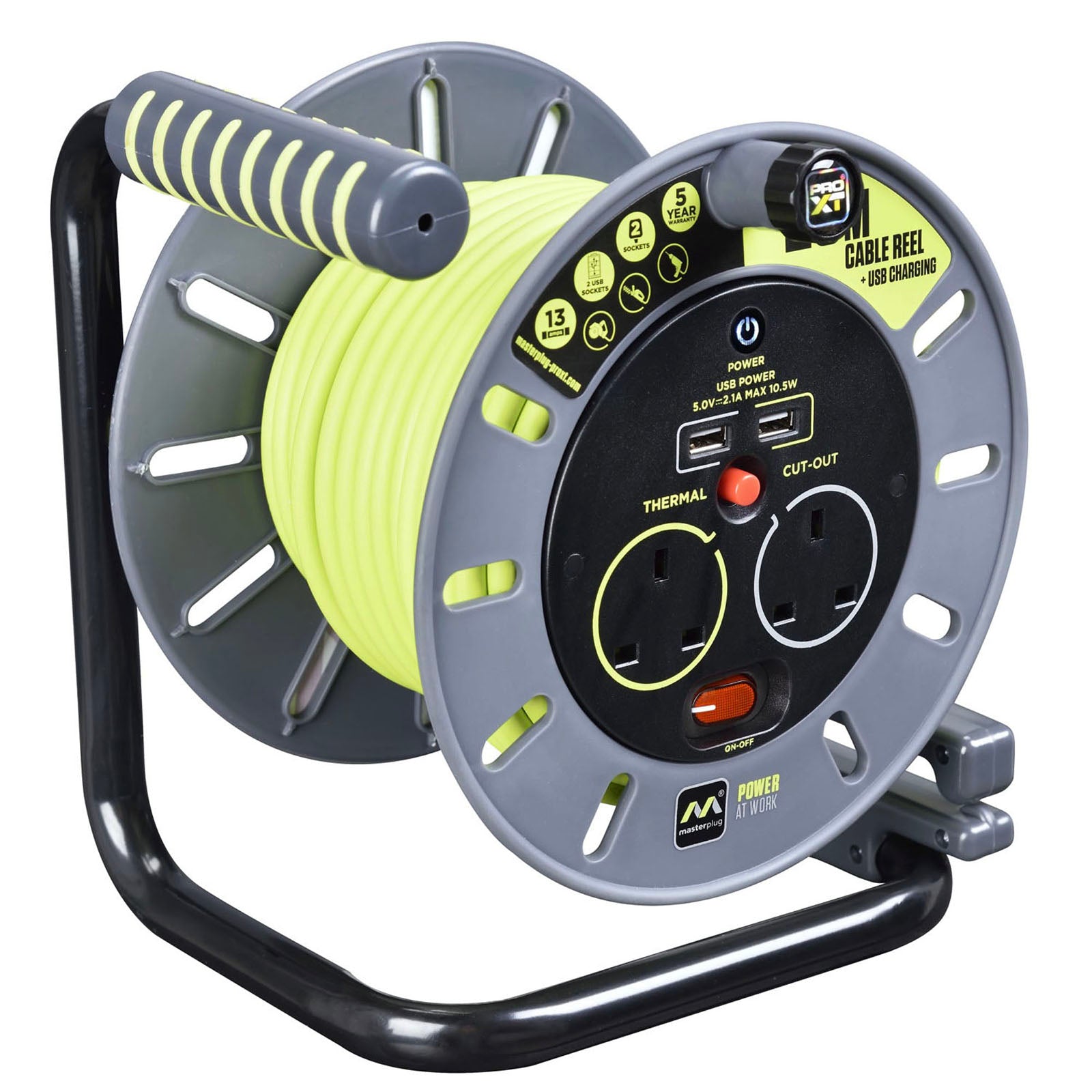 Masterplug Cable Reel Corded 2 Gang 20M 2 USB Ports LED 13A 240V Sturdy - Image 1