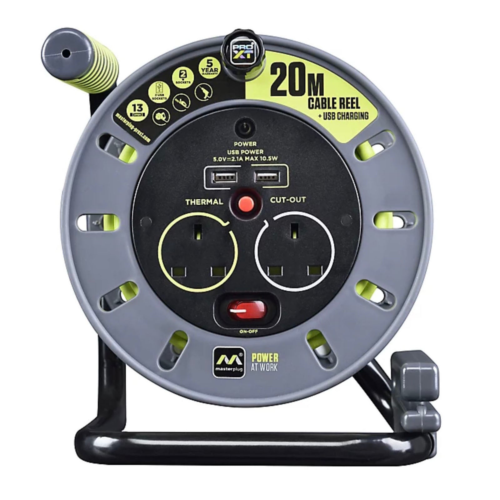 Masterplug Cable Reel Corded 2 Gang 20M 2 USB Ports LED 13A 240V Sturdy - Image 2