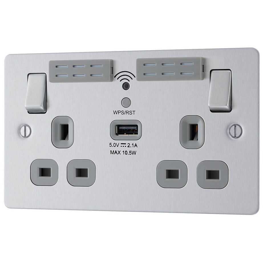 BG Wall Socket USB Switched 13A Flat Double WiFi Extender Brushed Steel - Image 1