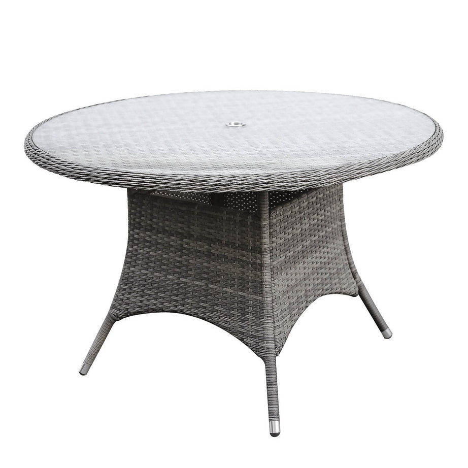 Garden Dining Table 4 Seater Grey Rattan Round Outdoor Umbrella Hole (W) 121cm - Image 1