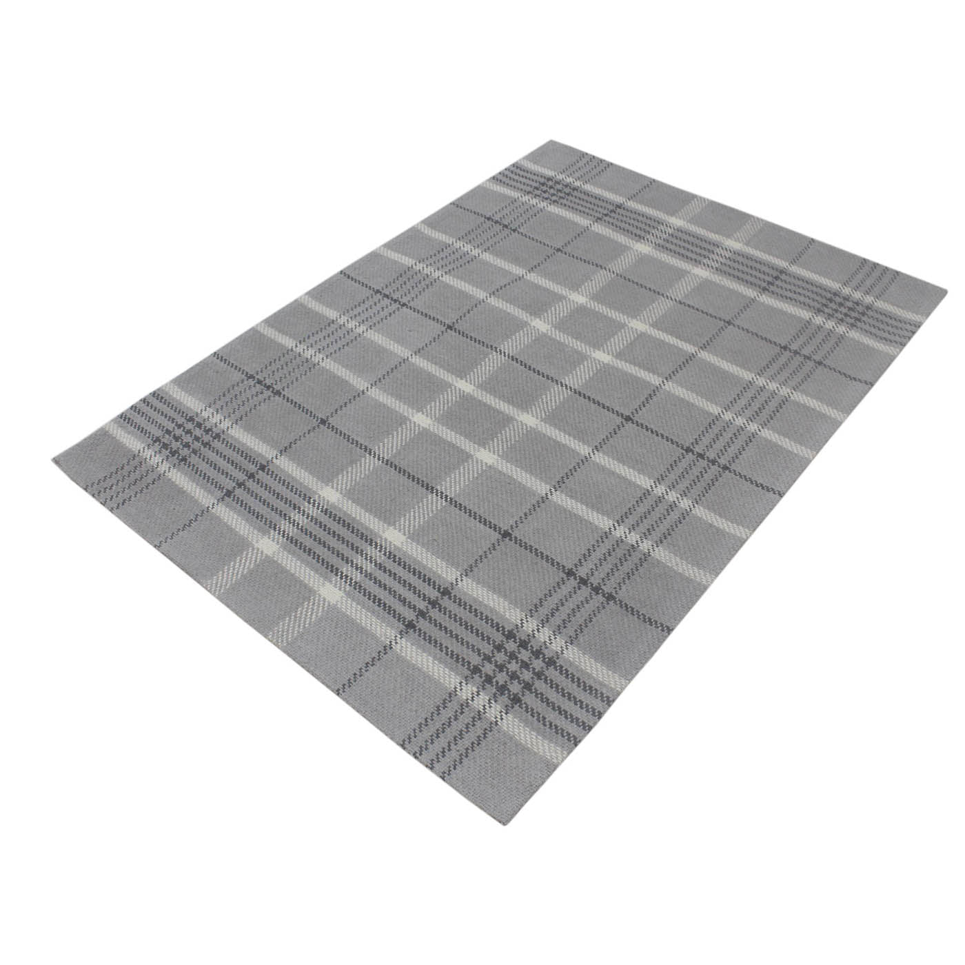 Floor Rug Grey Check Medium Indoor Wool Flat Weave Modern (L)170 x (W)120cm - Image 1