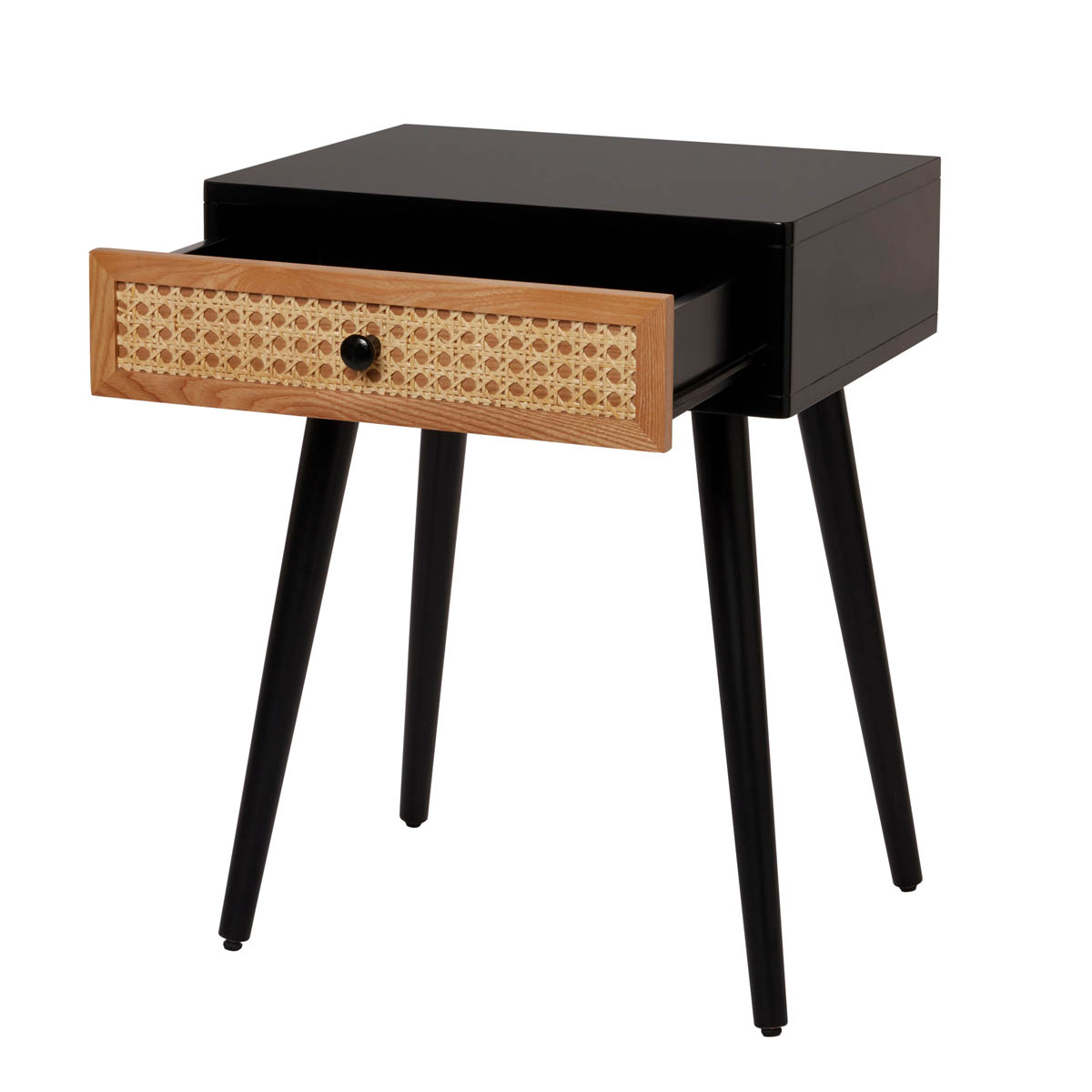 Bedside Table 1 Drawer MDF Matt Black Rattan Effect (H)580mm (W)450mm (D)450mm - Image 3