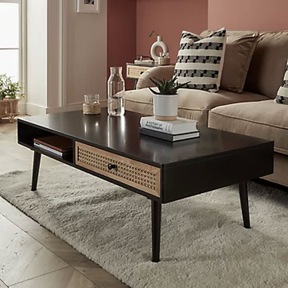 Coffee Table Matt Black Rectangular Wooden With Window Shelf And Drawer Modern - Image 1