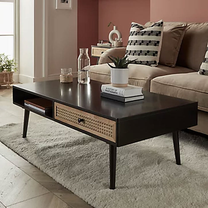 Coffee Table Matt Black Wooden Rattan Effect Rectangular Living Room Modern - Image 1
