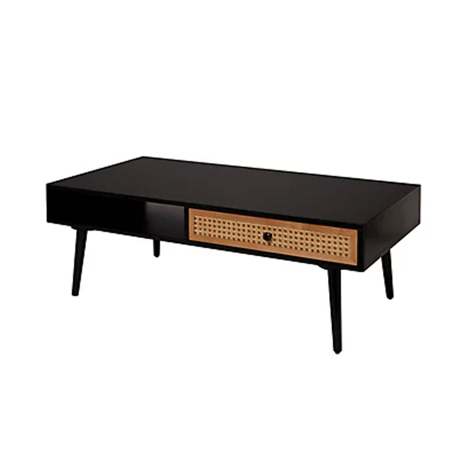Coffee Table Matt Black Wooden Rattan Effect Rectangular Living Room Modern - Image 2