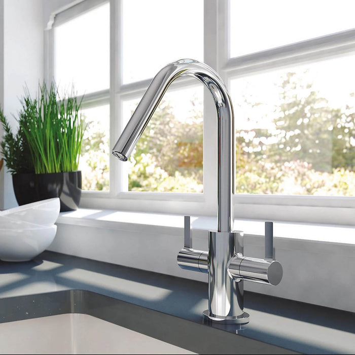 Kicthen Mixer Tap Chrome Effect Dual Lever Swivel Spout Monoblock Modern - Image 2