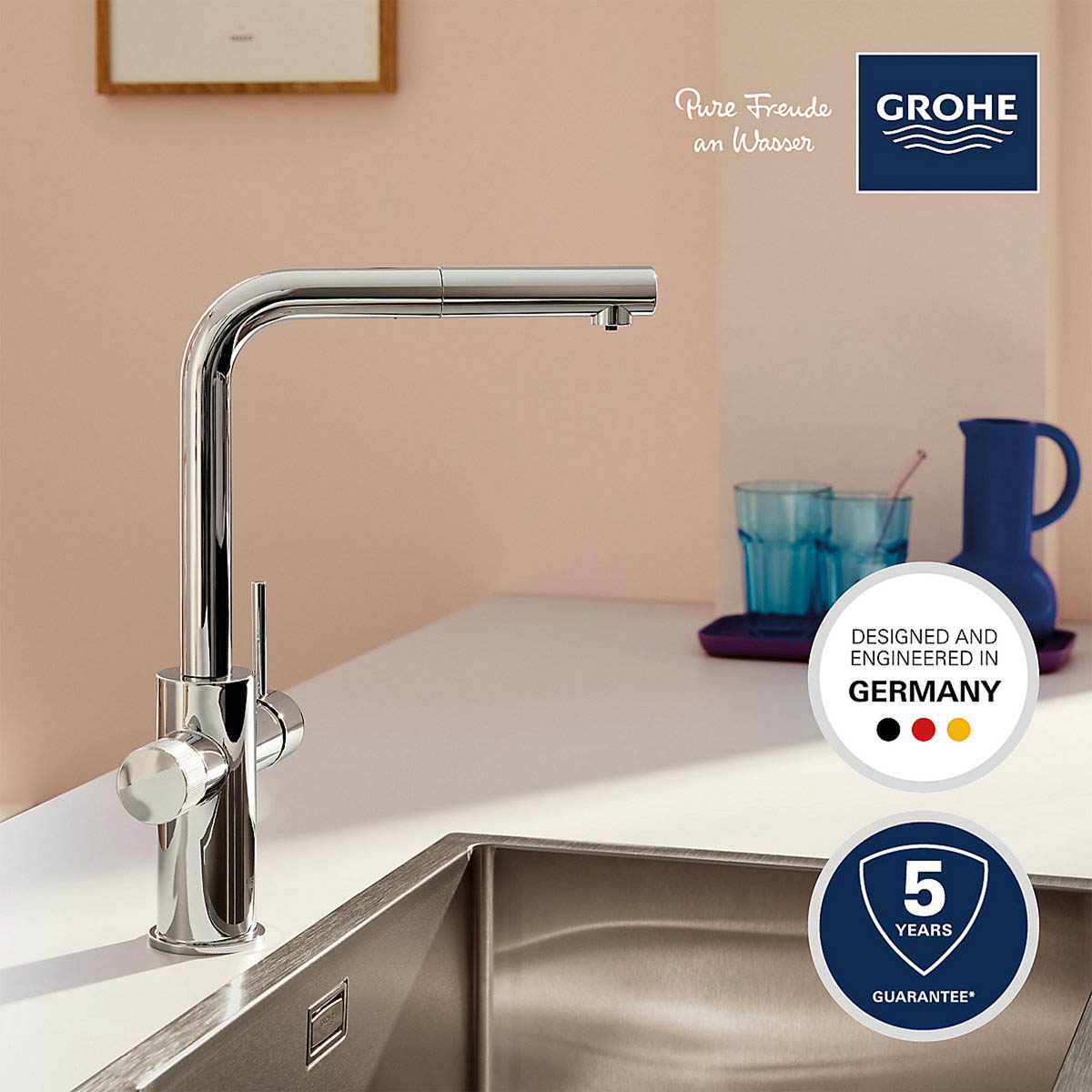 Grohe Kitchen Tap Mono Mixer Chrome Pull Out Spray Single Lever Modern Faucet - Image 2