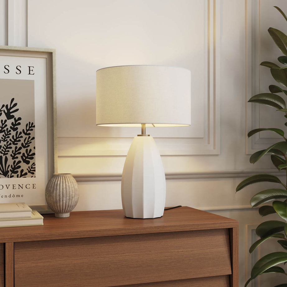 Table Lamp Cream Ceramic Base White Fabric Bedside Living Room Contemporary - Image 2