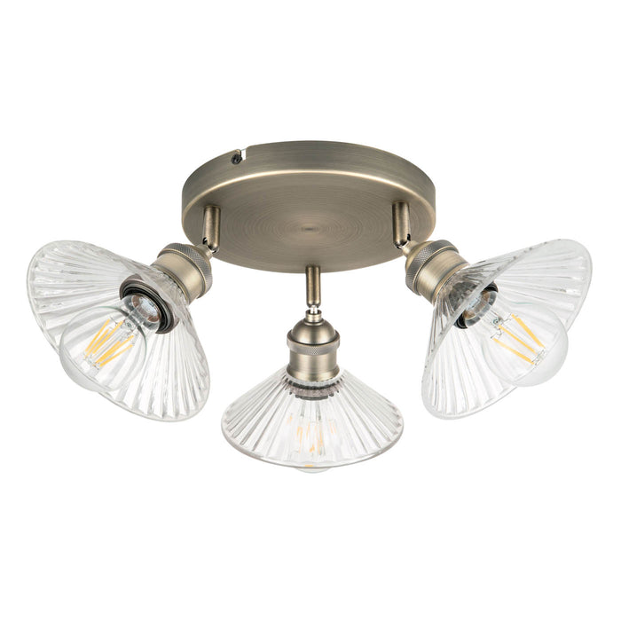 Ceiling Spotlight Plate 3 Way Multi Arm Ribbed Glass Satin Antique Brass Effect - Image 1