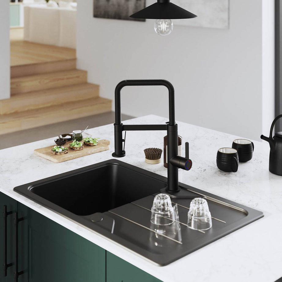 Kitchen Tap Mixer Graphite Single Lever Spring Neck Swivel Spout Modern Faucet - Image 3