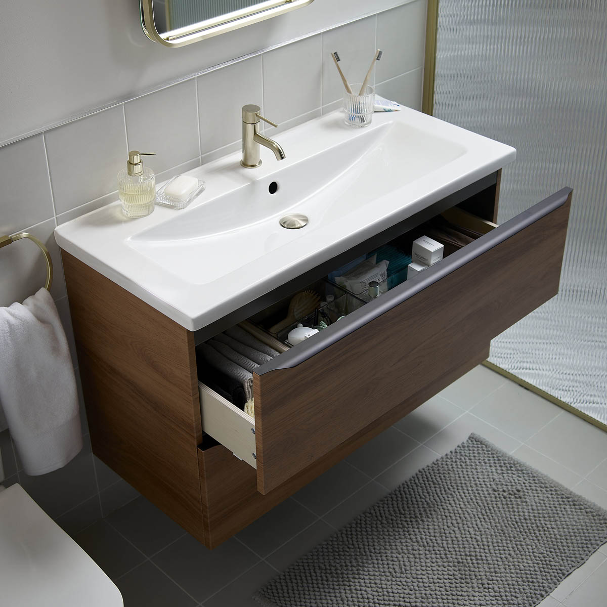 Bathroom Mixer Tap Basin Mono Satin Gold Effect Brass Round Clicker Waste - Image 3