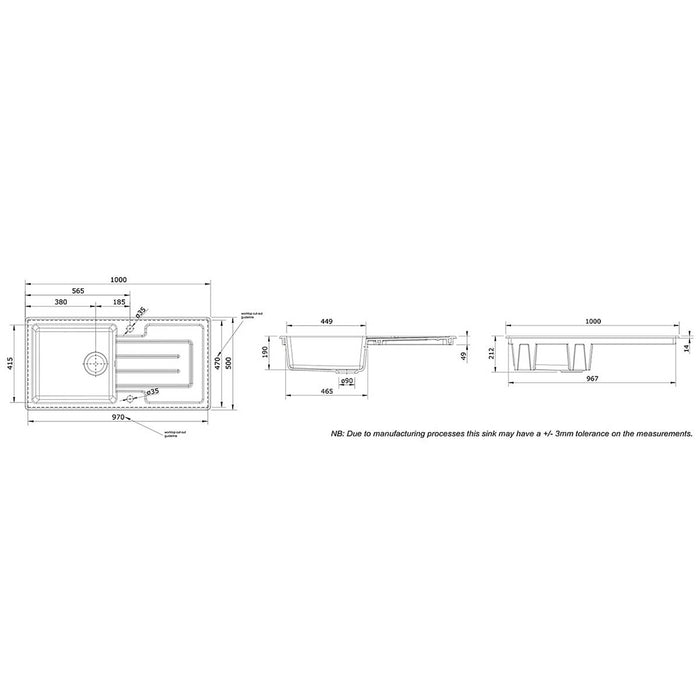 Kitchen Sink White Ceramic 1 Bowl Reversible Rectangular Waste 500 x 1000mm - Image 2