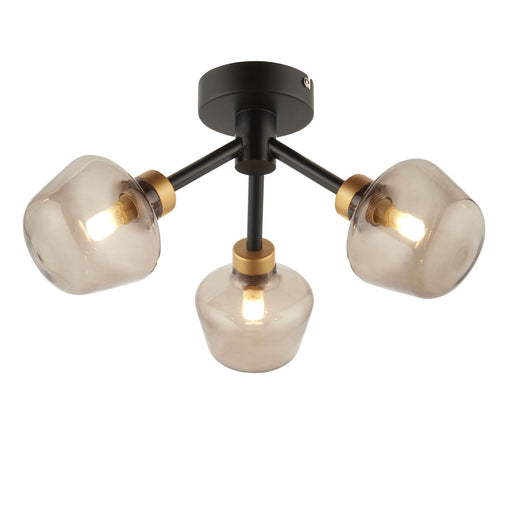 Ceiling Light 3 Lamp LED Semi Flush Steel Black Matt Smokey Glass Shades - Image 1
