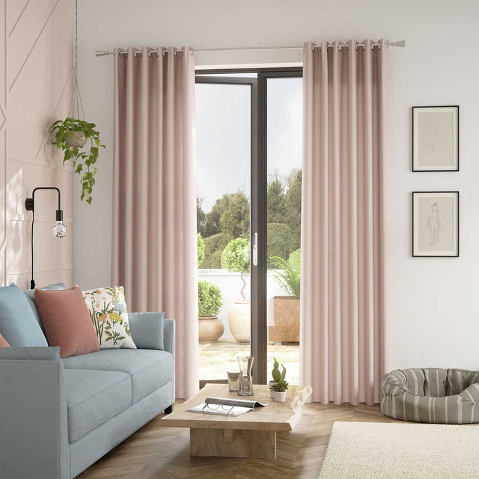 Eyelet Curtain Pair Lined Pink Solid Dyed Light Weight Cotton (W)228 (L)228cm - Image 2