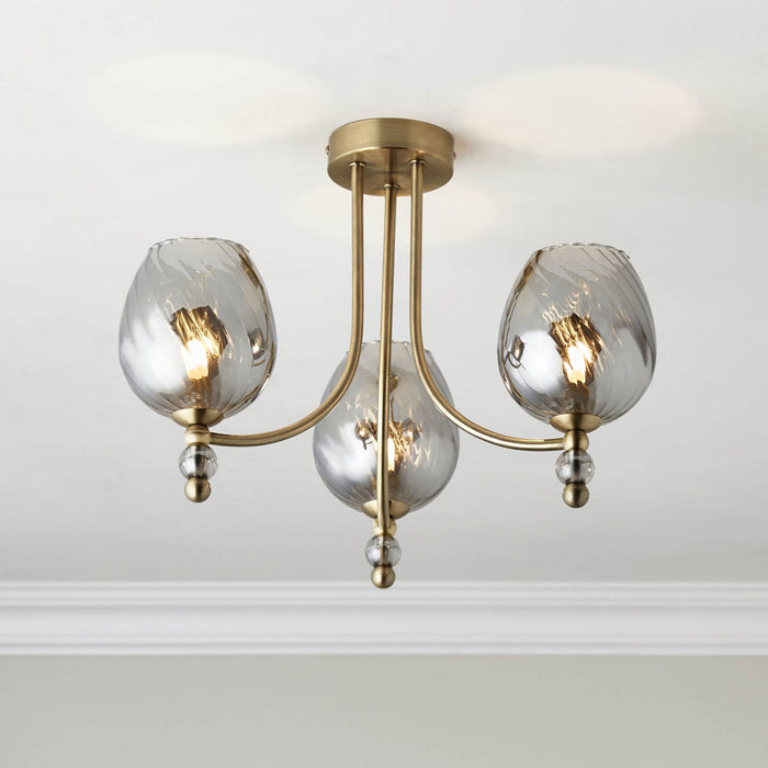 LED Ceiling Light 3 Way Multi Arm Smoked Glass Shades Antique Brass Effect - Image 1