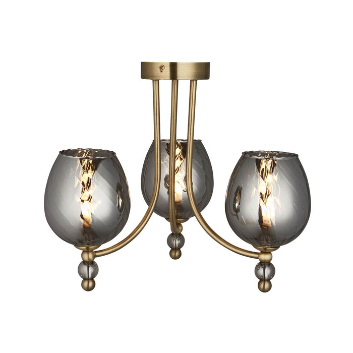 LED Ceiling Light 3 Way Multi Arm Smoked Glass Shades Antique Brass Effect - Image 2