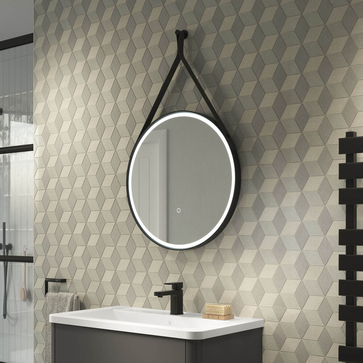 Illuminated Bathroom Mirror Matt Black Round Dimmable LED Lights (H)60x(W)60cm - Image 1