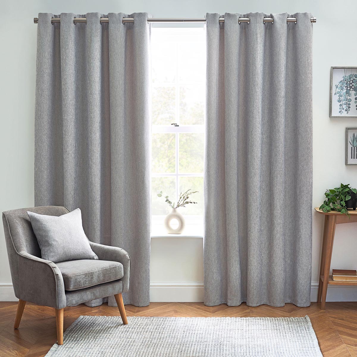 Eyelet Curtains Pair Grey Woven Effect Lined Heavyweight (W)167 (L)183cm - Image 1