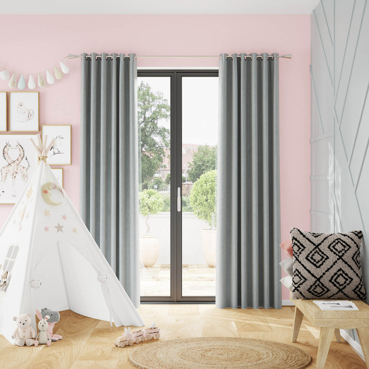 Valgreta Grey Velvet Lined Eyelet Curtain (W)167cm (L)183cm, Pair - Image 1