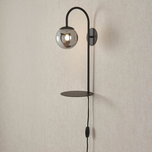 Wall Light Shelved Smoked Glass Steel Matt Black Plug-in Indoor Modern - Image 1