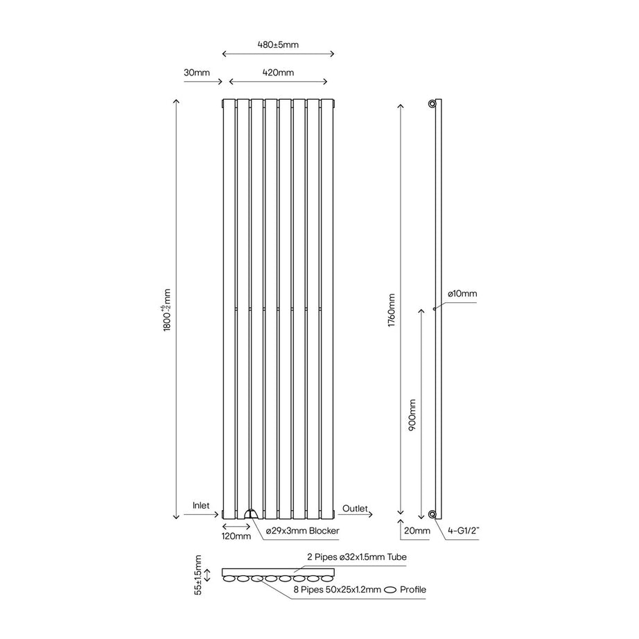 Designer Radiator Anthracite Thermodynamic Vertical Flat Panel (H)180x(W)48cm - Image 2