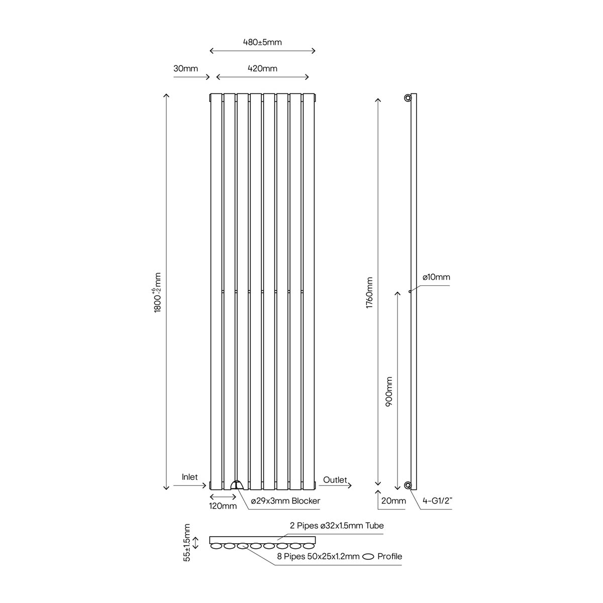 Designer Radiator Anthracite Thermodynamic Vertical Flat Panel (H)180x(W)48cm - Image 2