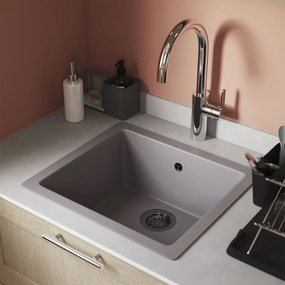 GoodHome Borage Kitchen Sink 1 Bowl Grey Resin 440x500mm Inset - Image 5