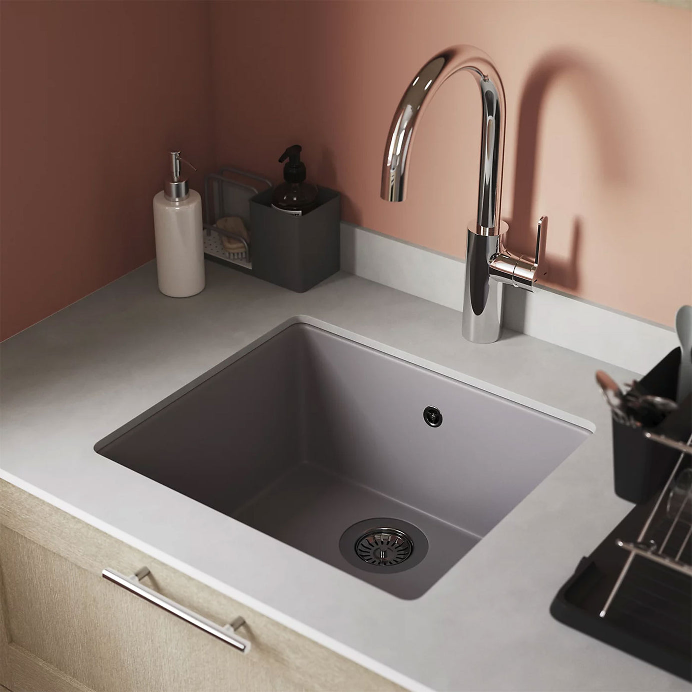 GoodHome Borage Kitchen Sink 1 Bowl Grey Resin 440x500mm Inset - Image 6