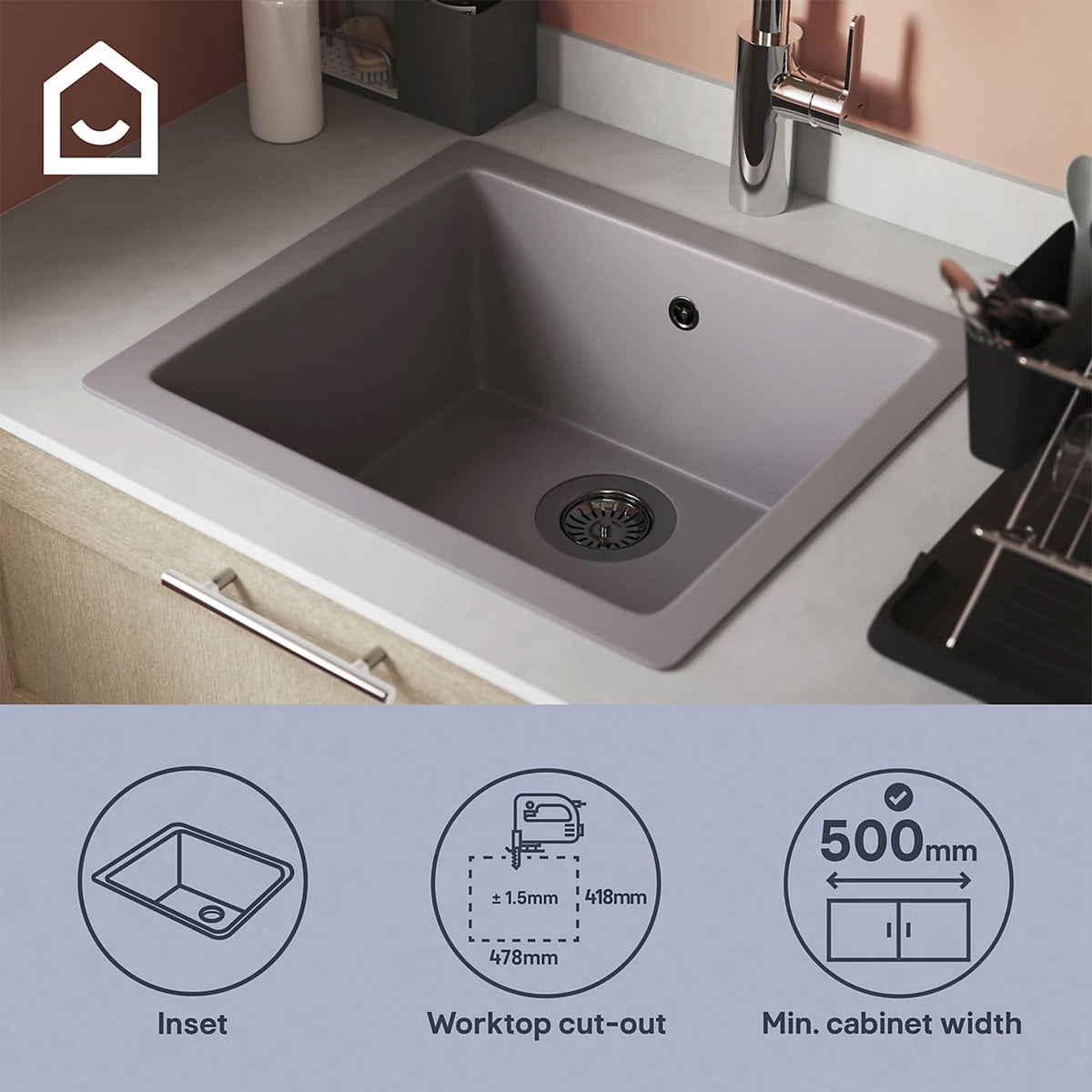 GoodHome Borage Kitchen Sink 1 Bowl Grey Resin 440x500mm Inset - Image 7