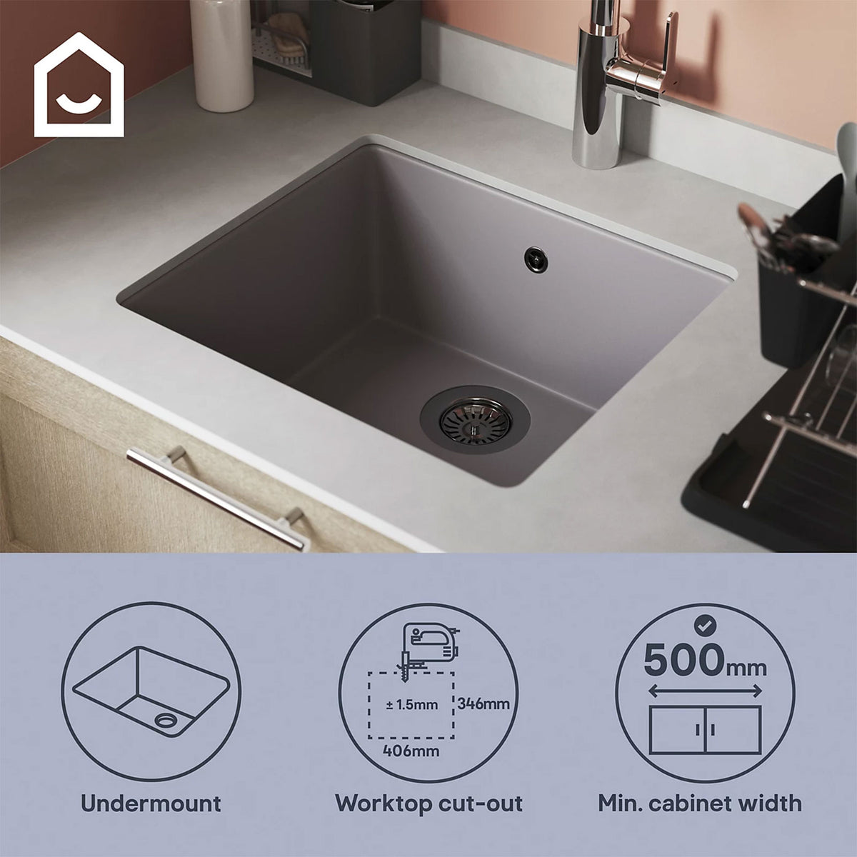 GoodHome Borage Kitchen Sink 1 Bowl Grey Resin 440x500mm Inset - Image 8