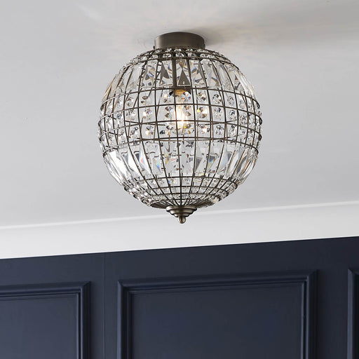 Ceiling Light LED Pendant Crystal Matt Glass Metal Pewter Effect Globe 300mm - Image 1