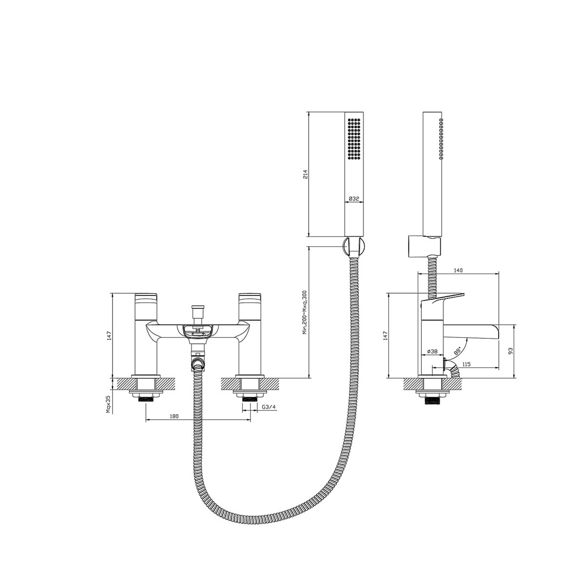 Bath Filler Tap With Hand Held Set Chrome Double Lever Single Spray Pattern - Image 2