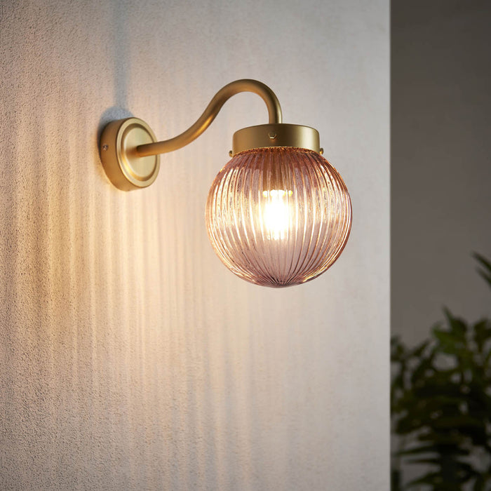 Verity Fixed Satin Gold Mains-powered (wired) Outdoor Dimmable Wall light with Light pink shade - Image 1