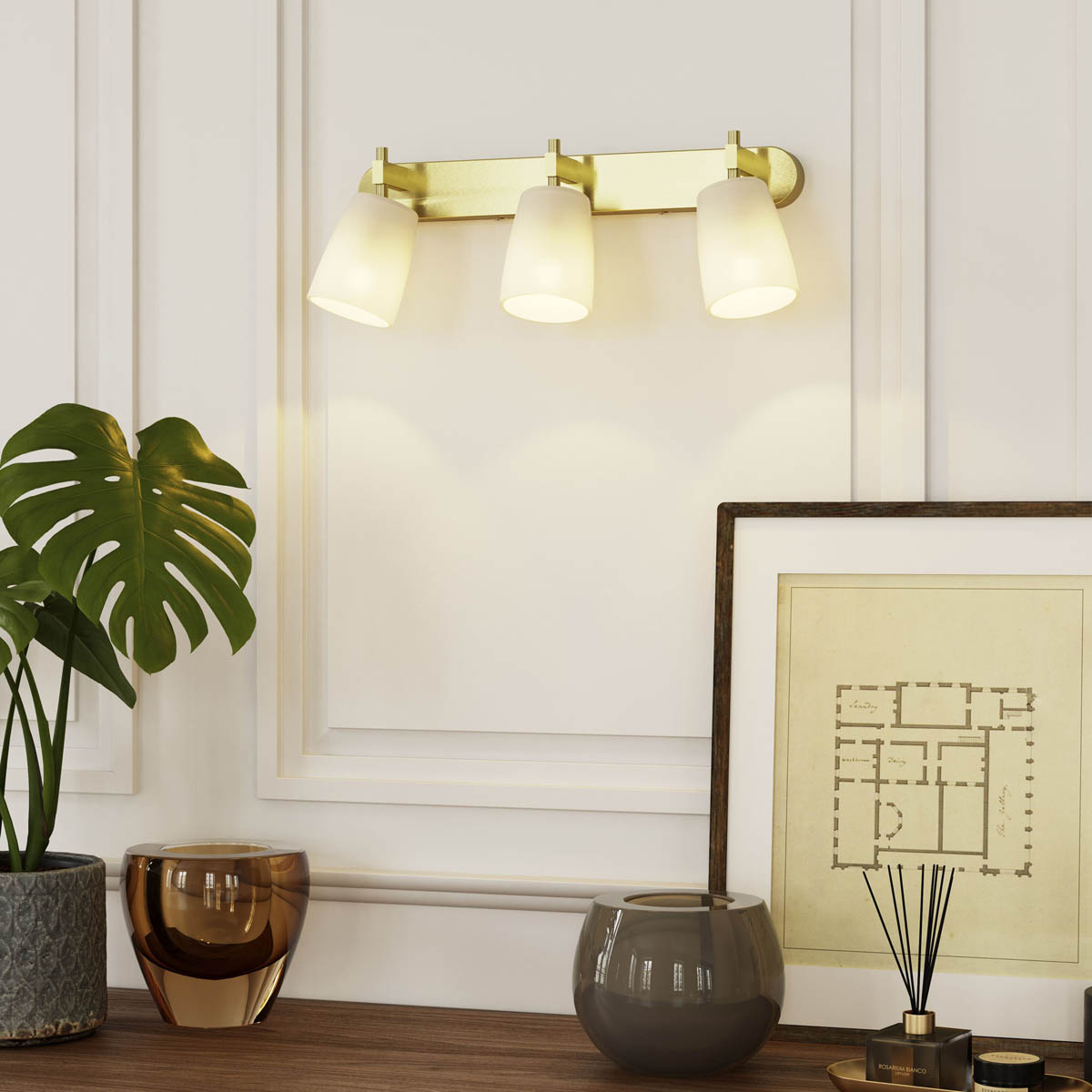Wall Light Bar 3 Lamp Frosted Glass Brushed Brass Gold Effect Spotlight Modern - Image 1