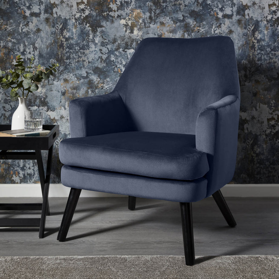 Accent Chair Velvet Armchair Dark Blue Wood Legs Living Room Bedroom Modern - Image 1