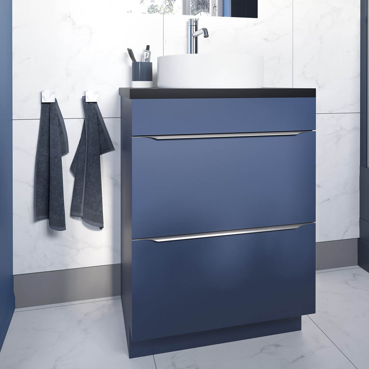 Bathroom Basin Cabinet Matt Blue Freestanding Storage Vanity Unit (H)82x(W)60cm - Image 2