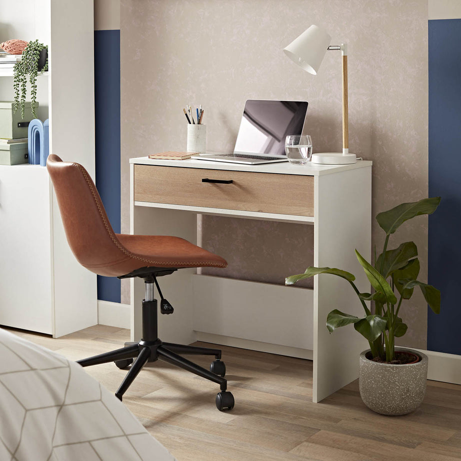 Home Office Desk 1 Drawer Matt White Wood Compact Workstation (H)733mm (W)745mm - Image 1